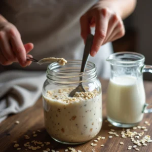 A spoon stirring a jar of chilled overnight oats, with milk nearby for adjusting consistency