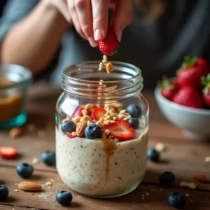 Overnight oats topped with fresh fruits, nuts, and seeds for added flavor and texture.