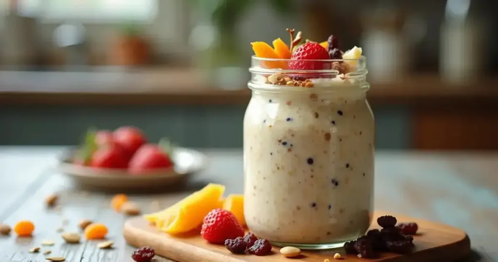 A jar of overnight oats topped with fresh berries, a quick and healthy breakfast option for busy mornings