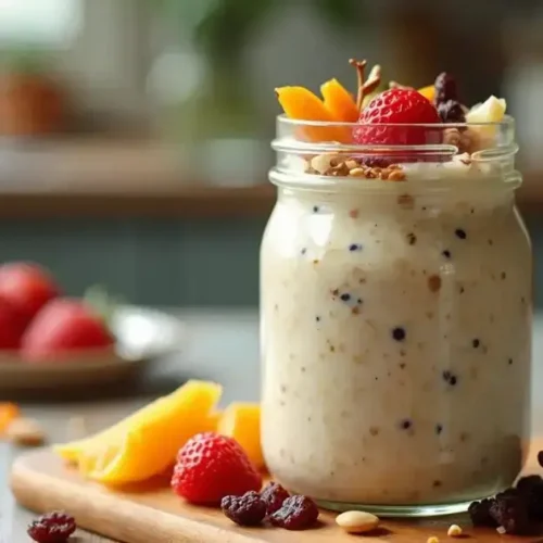 A jar of overnight oats topped with fresh berries, a quick and healthy breakfast option for busy mornings