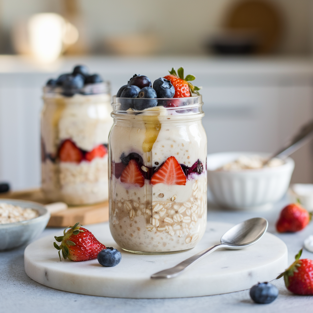 A bowl of creamy overnight oats topped with fresh strawberries, blueberries, raspberries, and a sprinkle of chia seeds, set on a rustic wooden table with a spoon and a small jug of milk nearby