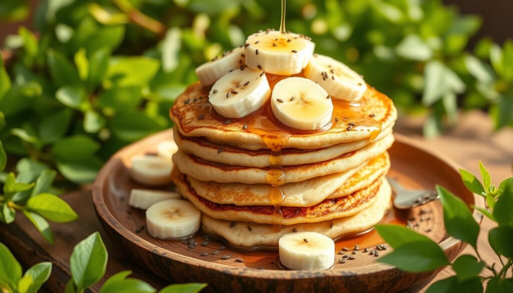 A stack of fluffy banana protein pancakes topped with banana slices, honey, and maple syrup.