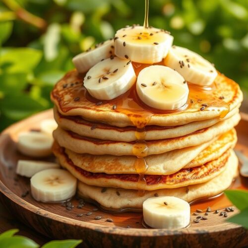 A stack of fluffy banana protein pancakes topped with banana slices, honey, and maple syrup.