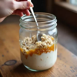 Jar with rolled oats, milk, honey, Greek yogurt, chia seeds, and vanilla extract being stirred together