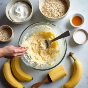 A mixing bowl filled with mashed banana, oats, Greek yogurt, protein powder, and other ingredients being stirred to create pancake batter.