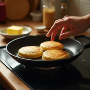 A nonstick skillet being lightly greased with cooking spray, ready to cook banana protein pancakes