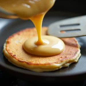 Banana protein pancake batter on a hot skillet, with bubbles forming, ready to be flipped.