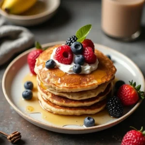 A stack of fluffy banana protein pancakes topped with fresh berries, honey, and Greek yogurt on a plate