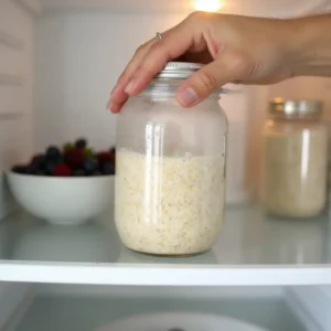 A jar of mixed oats covered with a lid and placed in the refrigerator to chill overnight.