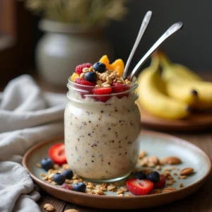 A jar of ready-to-eat overnight oats topped with fresh fruits, nuts, and seeds on a kitchen counter.